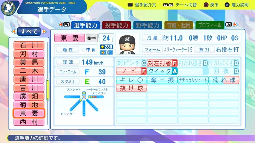 東妻_千葉ロッテマリーンズ_パワプロ能力データ_2025年決定版