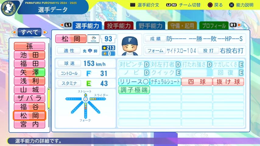 松岡_日本ハムファイターズ_パワプロ能力データ_2025年決定版