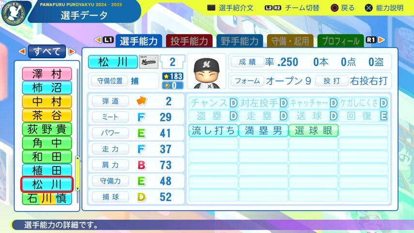 松川_千葉ロッテマリーンズ_パワプロ能力データ_2025年決定版