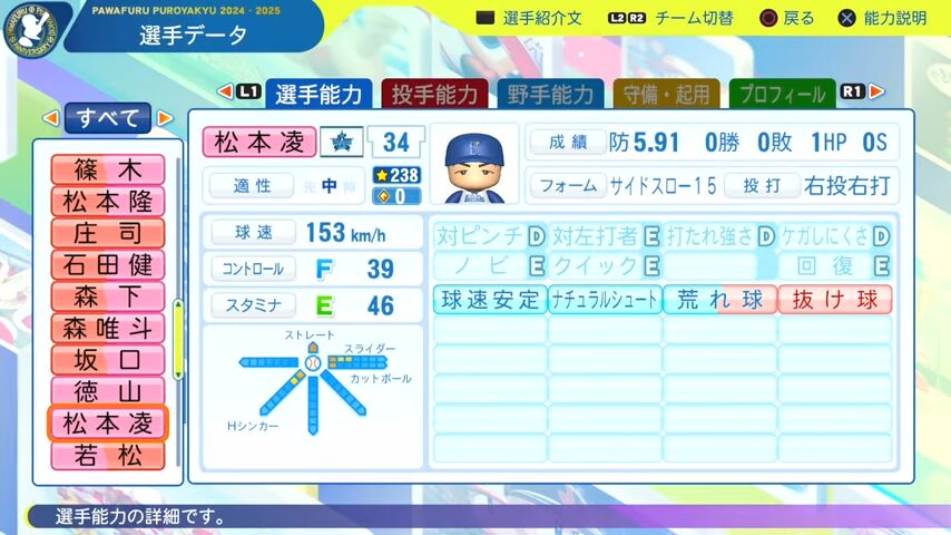 松本凌_横浜DeNAベイスターズ_パワプロ能力データ_2025年決定版