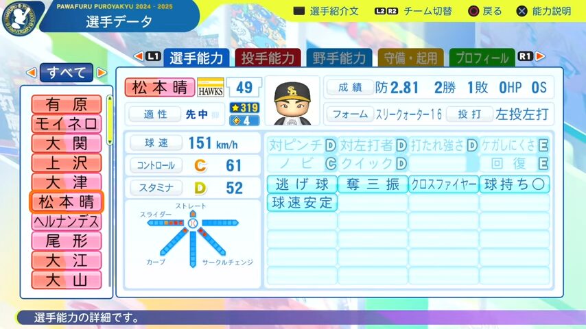 松本晴_ソフトバンクホークス_パワプロ能力データ_2025年決定版