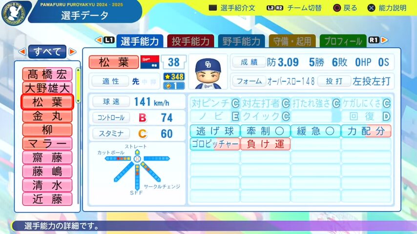 松葉_中日ドラゴンズ_パワプロ能力データ_2025年決定版