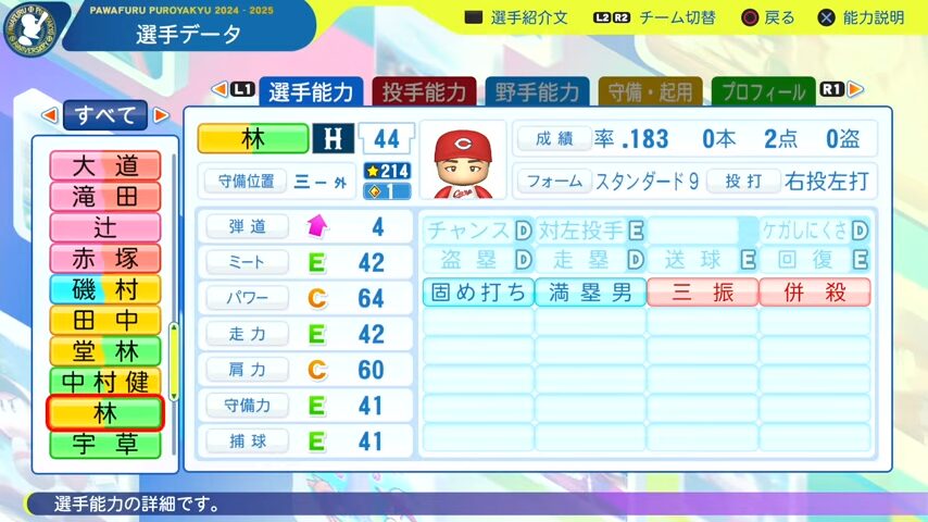 林_広島カープ_パワプロ能力データ_2025年決定版