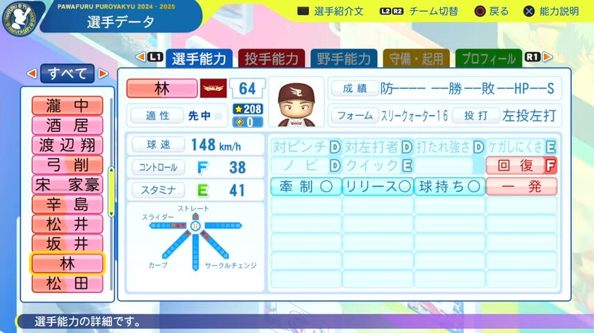 林_楽天イーグルス_パワプロ能力データ_2025年決定版