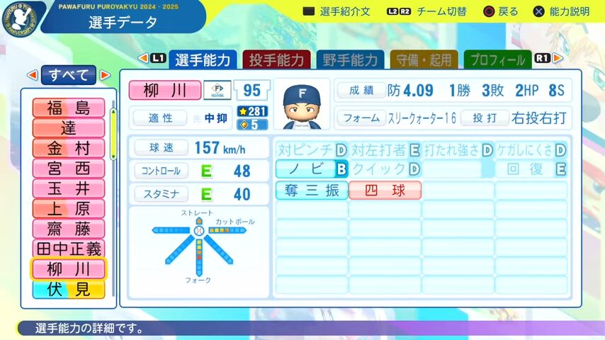 柳川_日本ハムファイターズ_パワプロ能力データ_2025年決定版