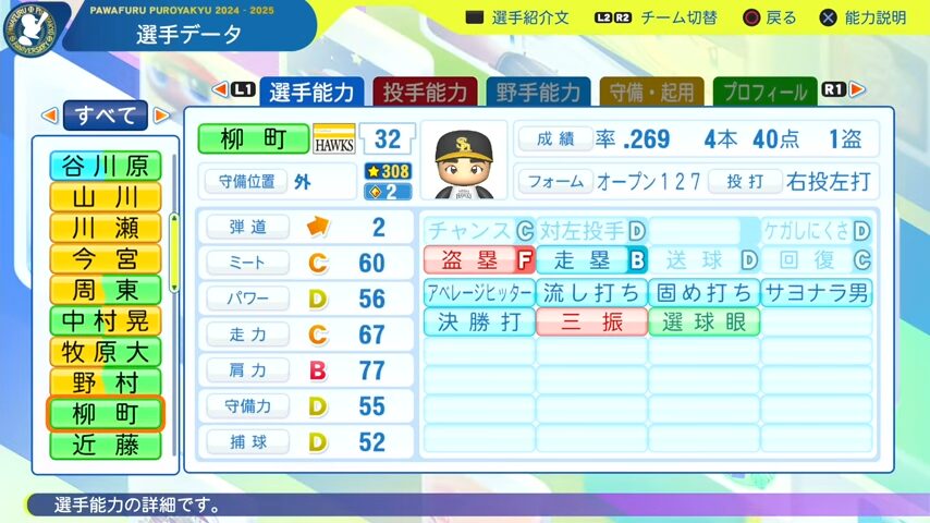 柳町_ソフトバンクホークス_パワプロ能力データ_2025年決定版