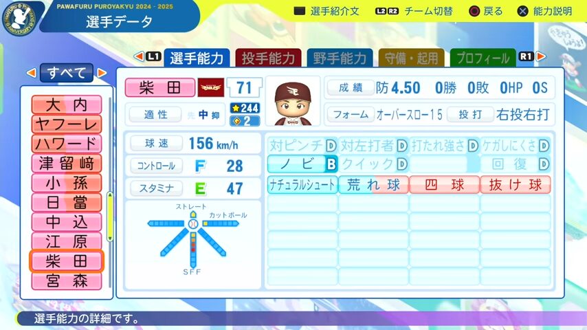 柴田_楽天イーグルス_パワプロ能力データ_2025年決定版