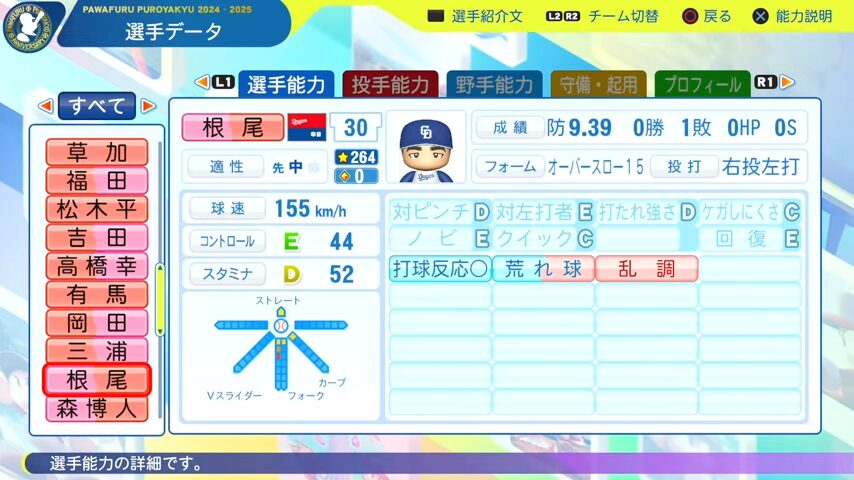 根尾昂（投手）_中日ドラゴンズ_パワプロ能力データ_2025年決定版