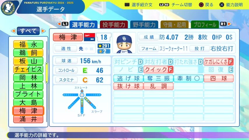 梅津_中日ドラゴンズ_パワプロ能力データ_2025年決定版