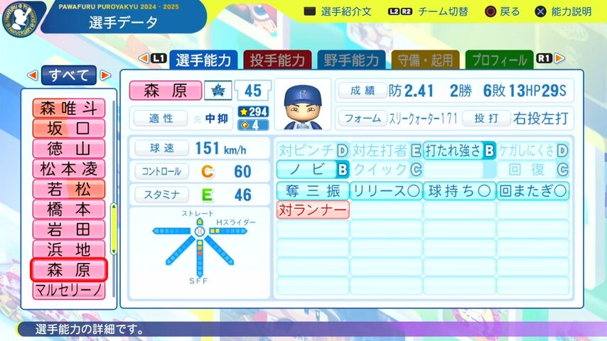 森原_横浜DeNAベイスターズ_パワプロ能力データ_2025年決定版