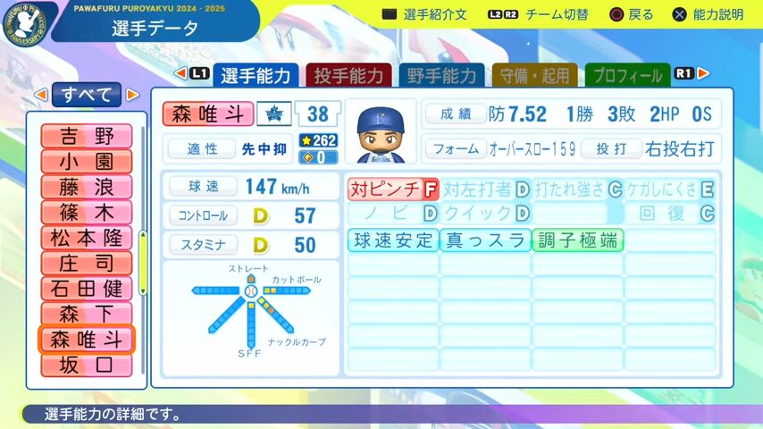 森唯斗_横浜DeNAベイスターズ_パワプロ能力データ_2025年決定版