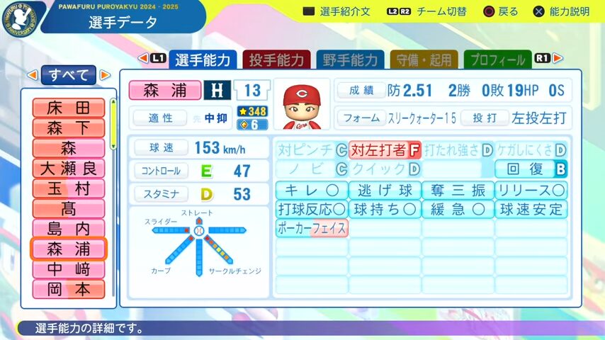 森浦_広島カープ_パワプロ能力データ_2025年決定版