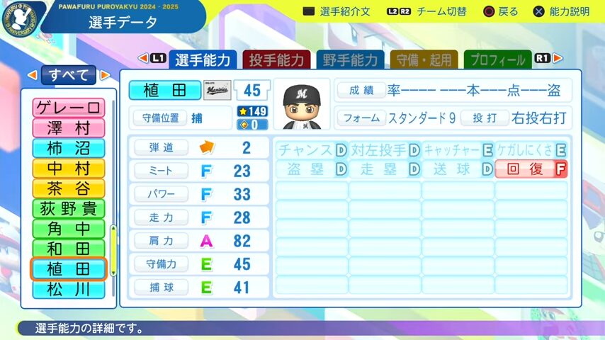 植田_千葉ロッテマリーンズ_パワプロ能力データ_2025年決定版