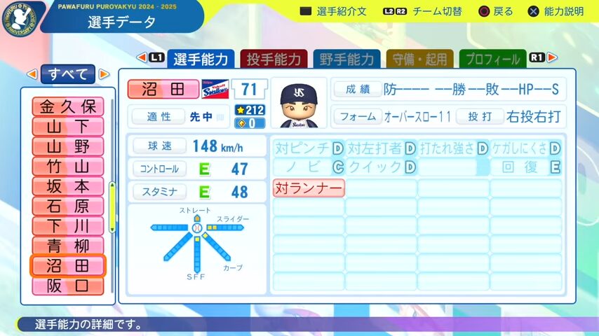 沼田_ヤクルトスワローズ_パワプロ能力データ_2025年決定版