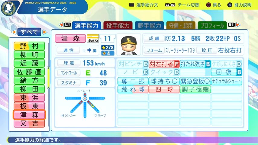 津森_ソフトバンクホークス_パワプロ能力データ_2025年決定版