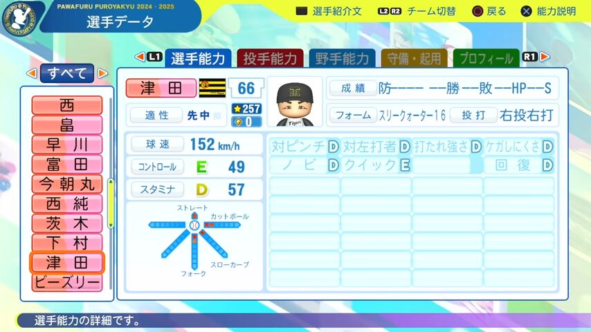 津田_阪神タイガース_パワプロ能力データ_2025年決定版