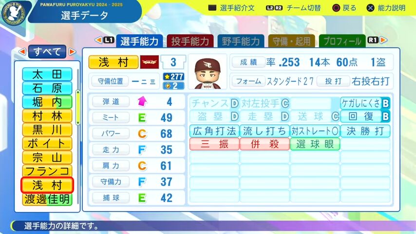 浅村_楽天イーグルス_パワプロ能力データ_2025年決定版