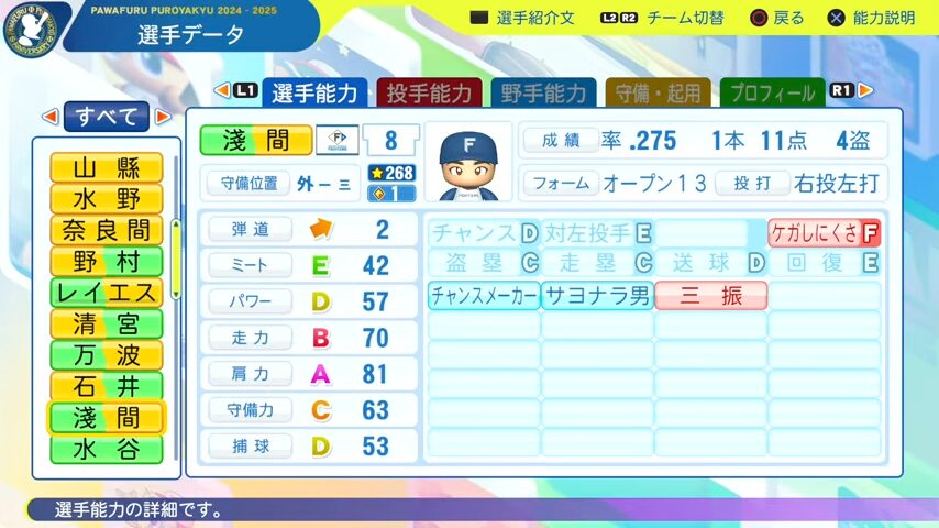 淺間_日本ハムファイターズ_パワプロ能力データ_2025年決定版