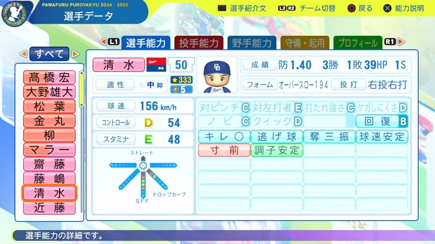 清水_中日ドラゴンズ_パワプロ能力データ_2025年決定版