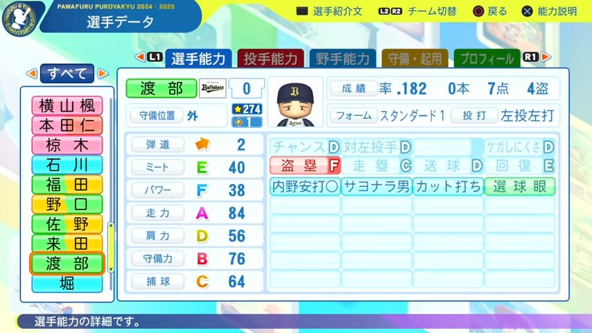 渡部_オリックスバファローズ_パワプロ能力データ_2025年決定版
