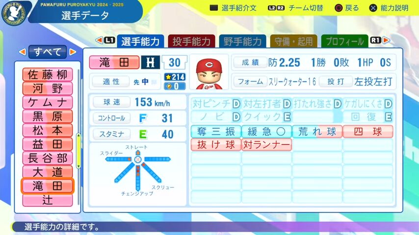 滝田_広島カープ_パワプロ能力データ_2025年決定版