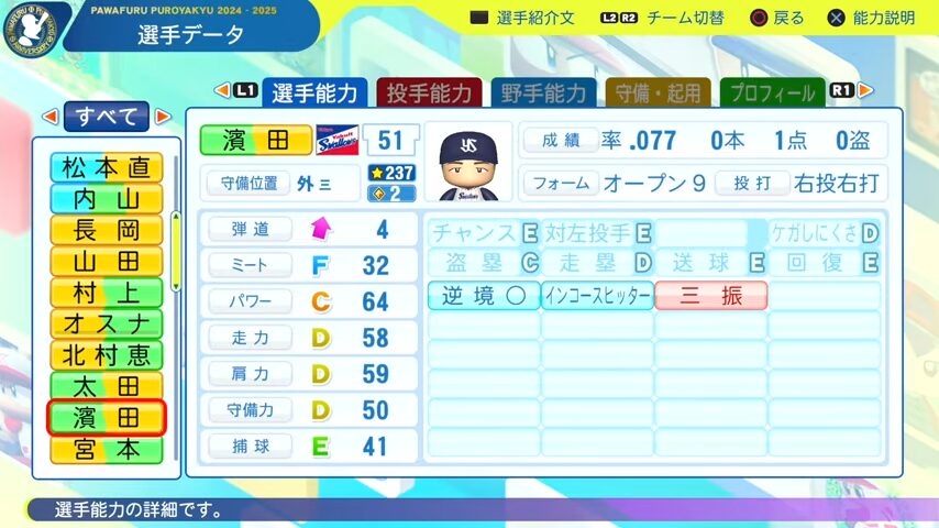 濱田_ヤクルトスワローズ_パワプロ能力データ_2025年決定版
