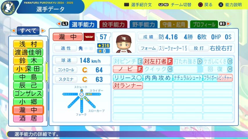 瀧中_楽天イーグルス_パワプロ能力データ_2025年決定版