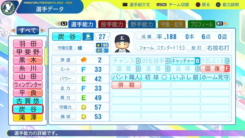 炭谷_西武ライオンズ_パワプロ能力データ_2025年決定版