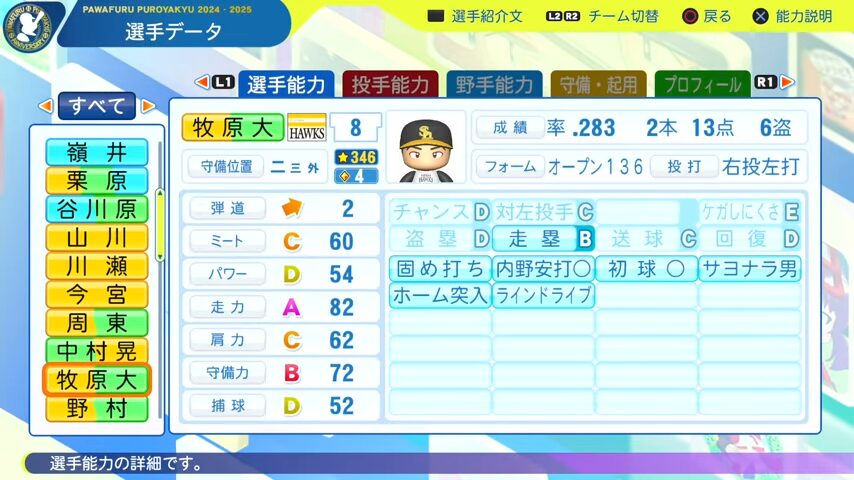 牧原大成_ソフトバンクホークス_パワプロ能力データ_2025年決定版