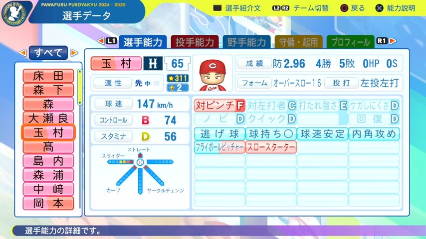 玉村_広島カープ_パワプロ能力データ_2025年決定版