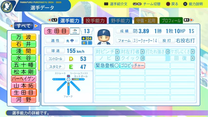 生田目_日本ハムファイターズ_パワプロ能力データ_2025年決定版