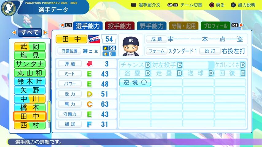 田中_ヤクルトスワローズ_パワプロ能力データ_2025年決定版