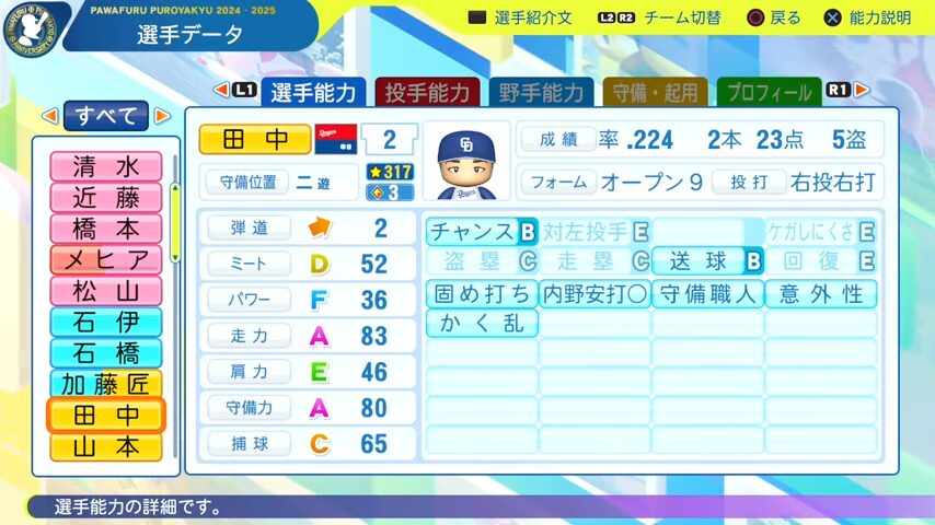 田中_中日ドラゴンズ_パワプロ能力データ_2025年決定版