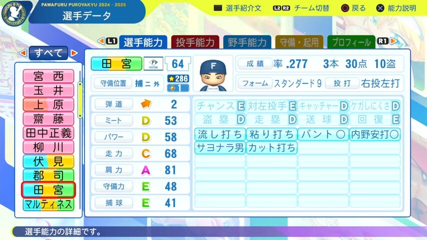 田宮_日本ハムファイターズ_パワプロ能力データ_2025年決定版