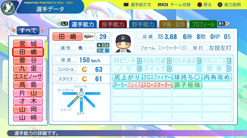 田嶋_オリックスバファローズ_パワプロ能力データ_2025年決定版