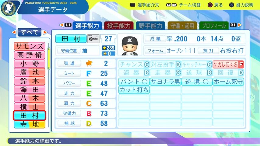 田村_千葉ロッテマリーンズ_パワプロ能力データ_2025年決定版