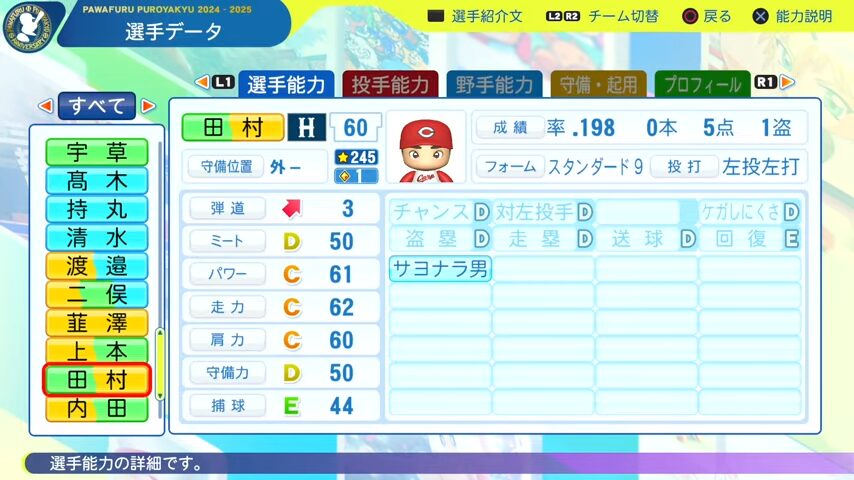 田村_広島カープ_パワプロ能力データ_2025年決定版