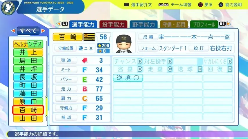 百崎_阪神タイガース_パワプロ能力データ_2025年決定版