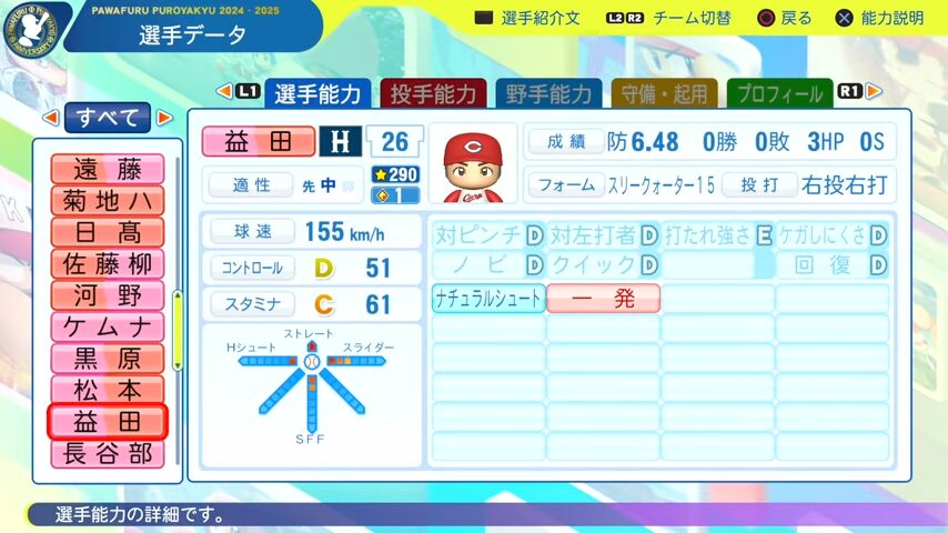 益田_広島カープ_パワプロ能力データ_2025年決定版