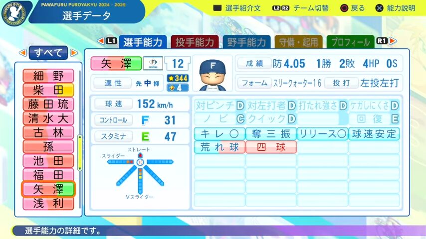 矢澤（投手）_日本ハムファイターズ_パワプロ能力データ_2025年決定版