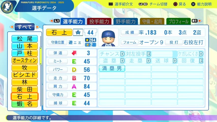 石上_横浜DeNAベイスターズ_パワプロ能力データ_2025年決定版