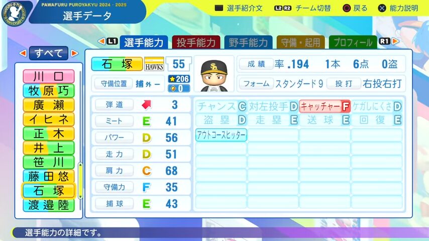 石塚_ソフトバンクホークス_パワプロ能力データ_2025年決定版