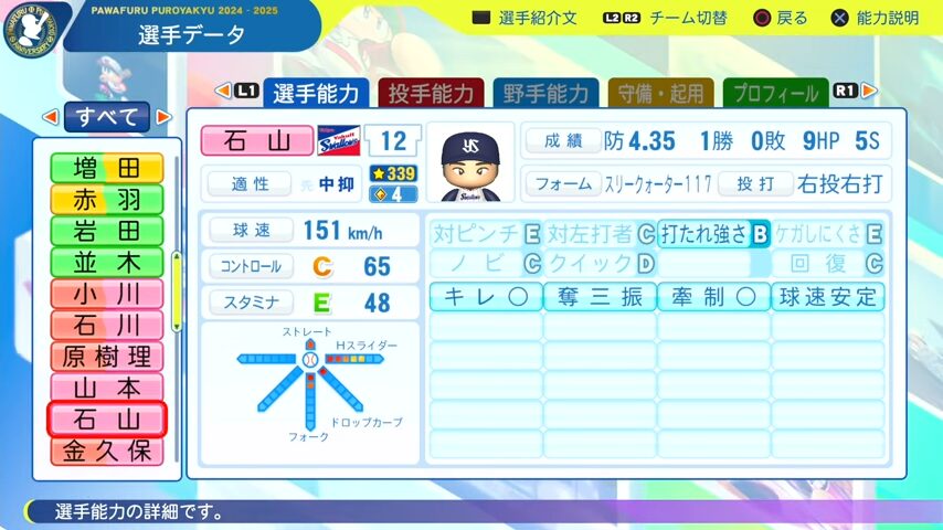石山_ヤクルトスワローズ_パワプロ能力データ_2025年決定版