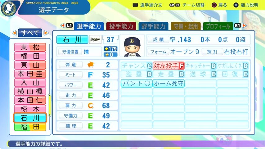 石川_オリックスバファローズ_パワプロ能力データ_2025年決定版