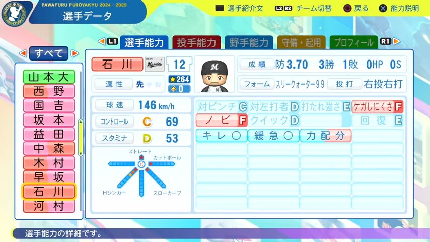 石川_千葉ロッテマリーンズ_パワプロ能力データ_2025年決定版