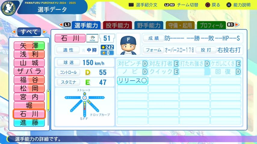 石川_日本ハムファイターズ_パワプロ能力データ_2025年決定版