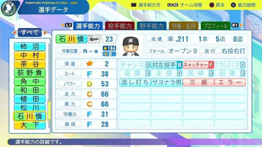 石川慎吾_千葉ロッテマリーンズ_パワプロ能力データ_2025年決定版