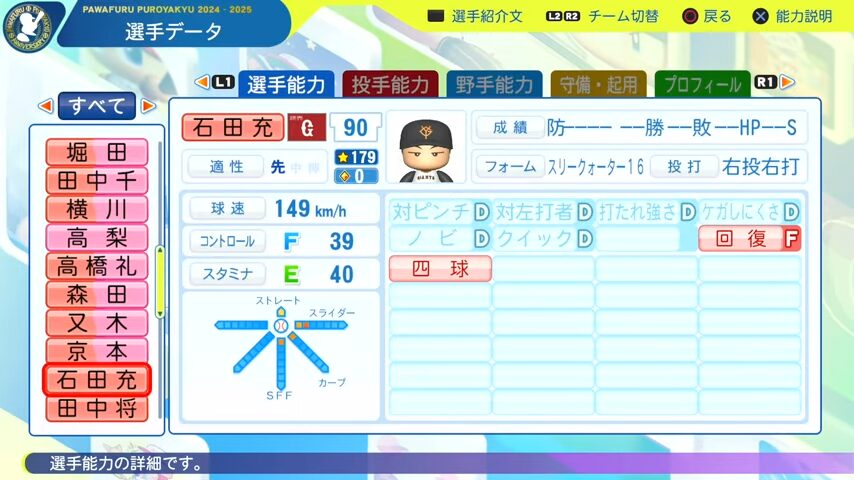 石田充_巨人_パワプロ能力データ_2025年決定版