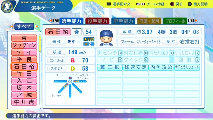石田裕_横浜DeNAベイスターズ_パワプロ能力データ_2025年決定版
