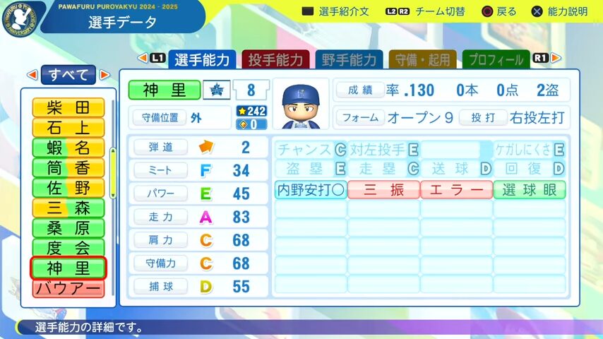 神里_横浜DeNAベイスターズ_パワプロ能力データ_2025年決定版